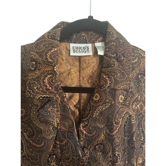 Chicos Size 1 Vintage Brown Gold Metallic Paisley Button Jacket Old Money #5632 - Picture 5 of 12